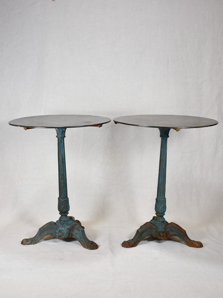 Antique French bistro table with cast iron base and blue / green patina - 1900's