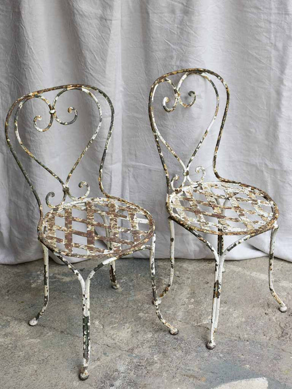 Three antique French garden chairs - heart backrest with lattice seat