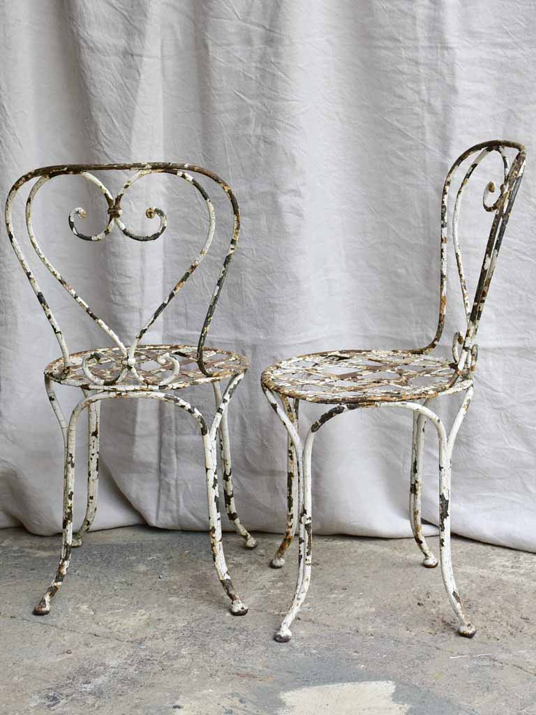 Three antique French garden chairs - heart backrest with lattice seat