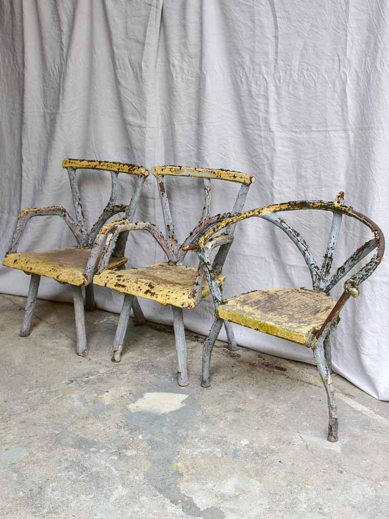 Three antique French faux bois garden armchairs