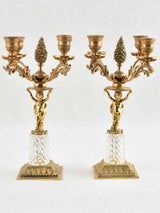 Pair antique gold & crystal candlesticks with cherubs - 11"