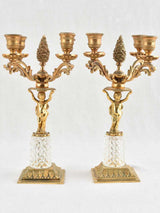 Pair antique gold & crystal candlesticks with cherubs - 11"