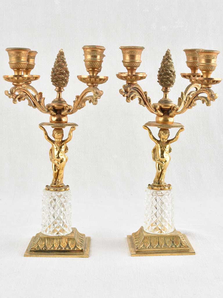 Pair antique gold & crystal candlesticks with cherubs - 11"