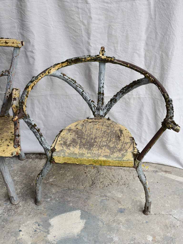 Three antique French faux bois garden armchairs