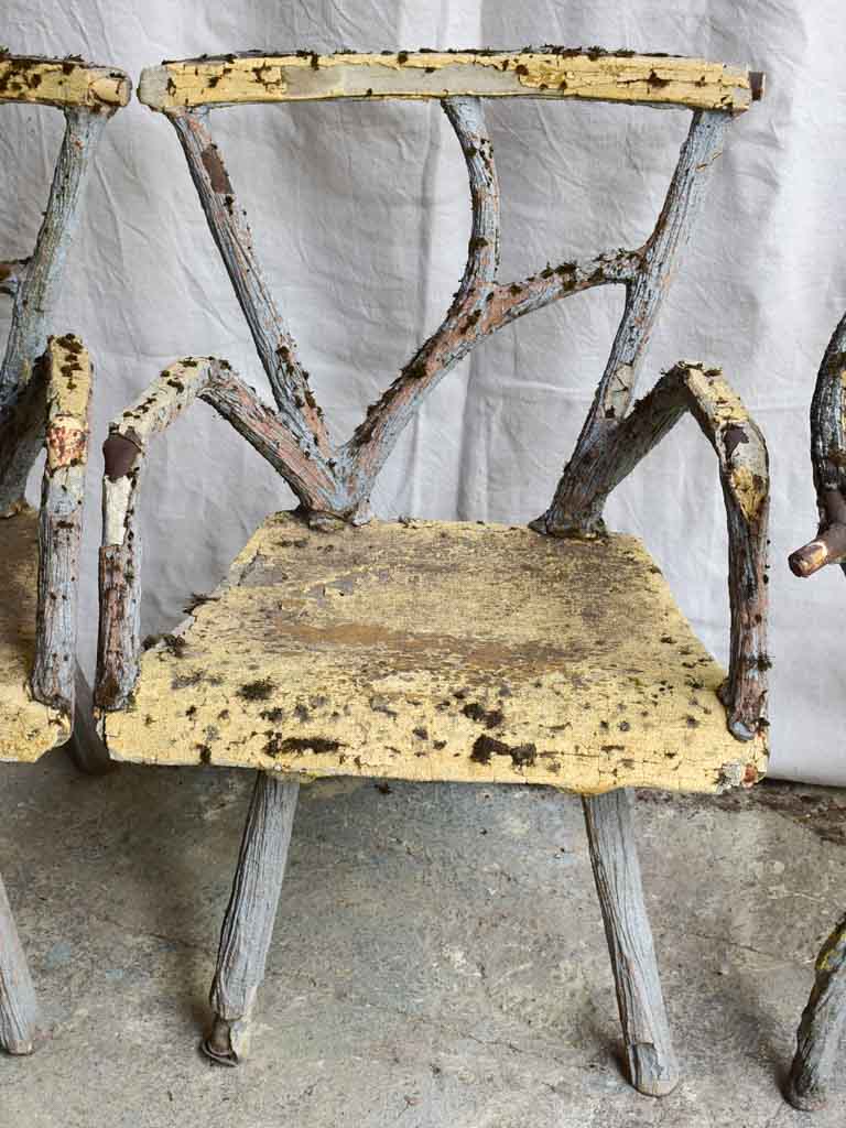 Three antique French faux bois garden armchairs