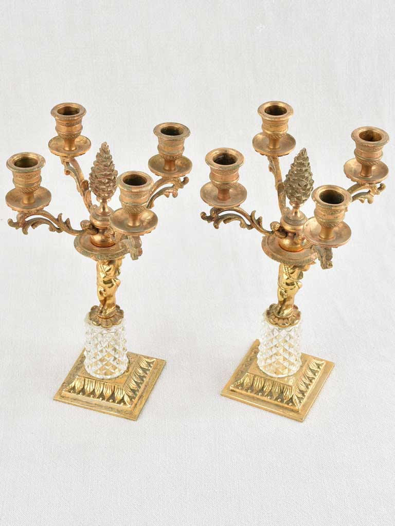 Pair antique gold & crystal candlesticks with cherubs - 11"