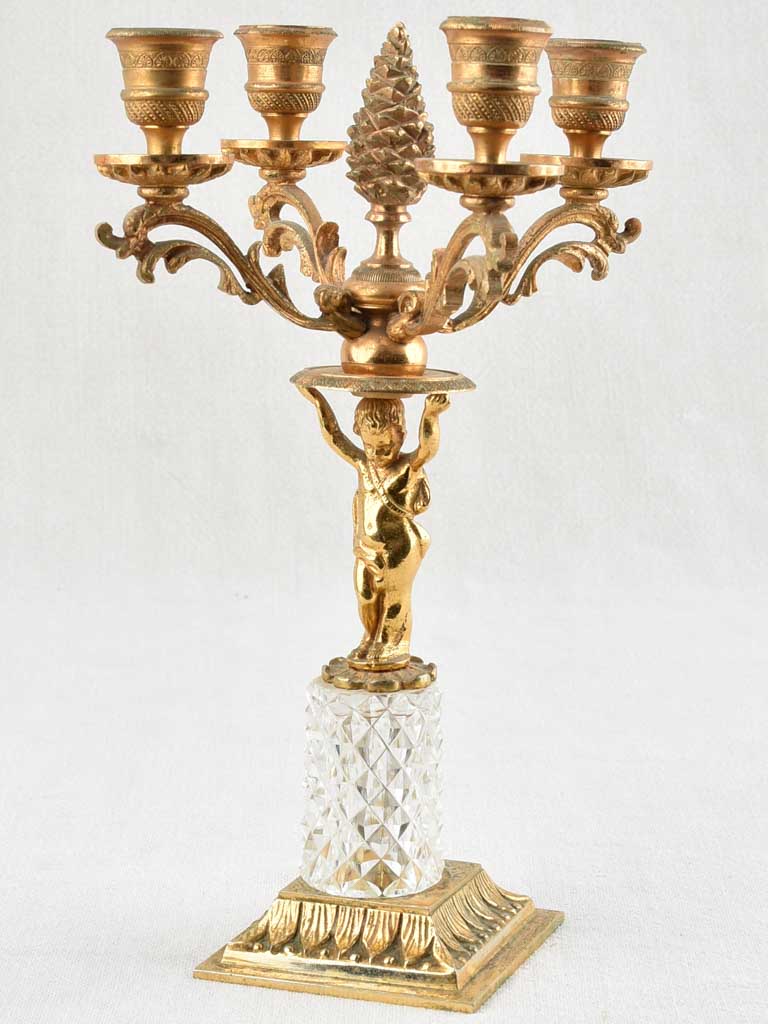 Pair antique gold & crystal candlesticks with cherubs - 11"
