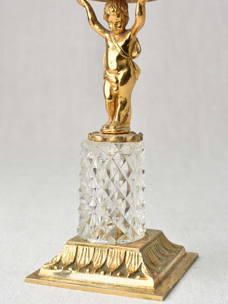 Pair antique gold & crystal candlesticks with cherubs - 11"