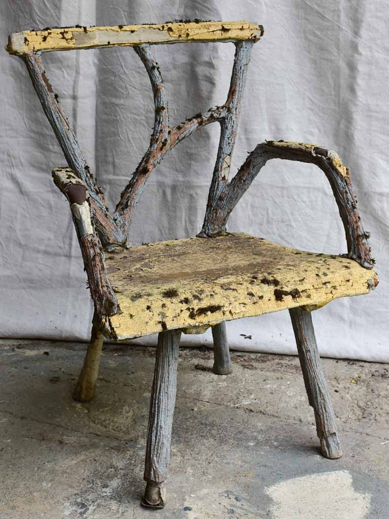 Three antique French faux bois garden armchairs