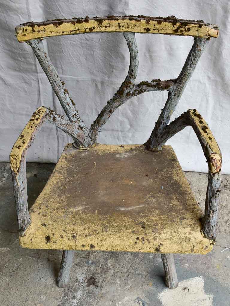 Three antique French faux bois garden armchairs