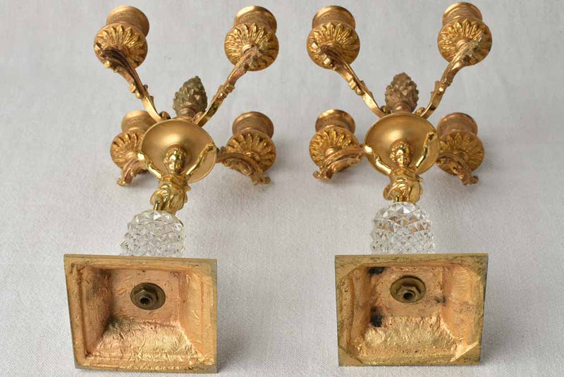 Pair antique gold & crystal candlesticks with cherubs - 11"