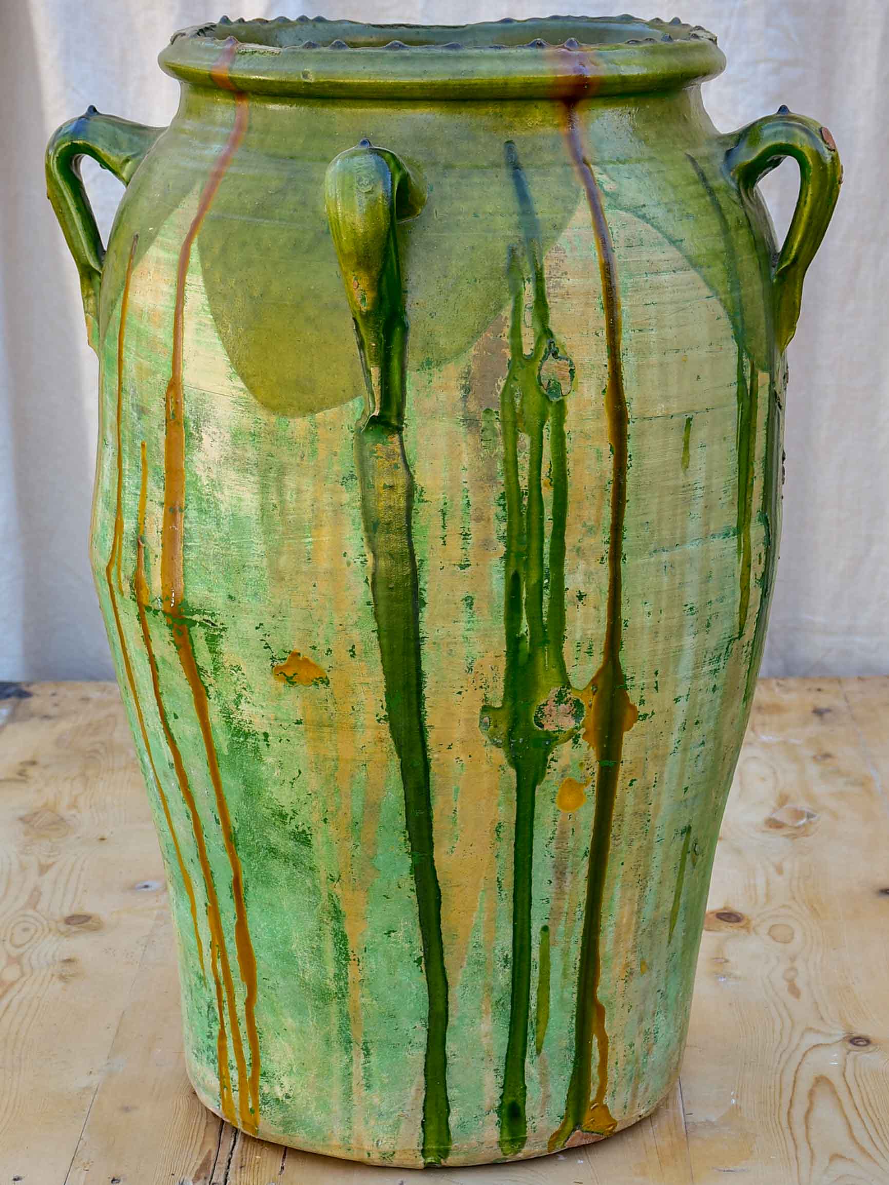 Large antique Spanish oil jar with green glaze 29 ¼''