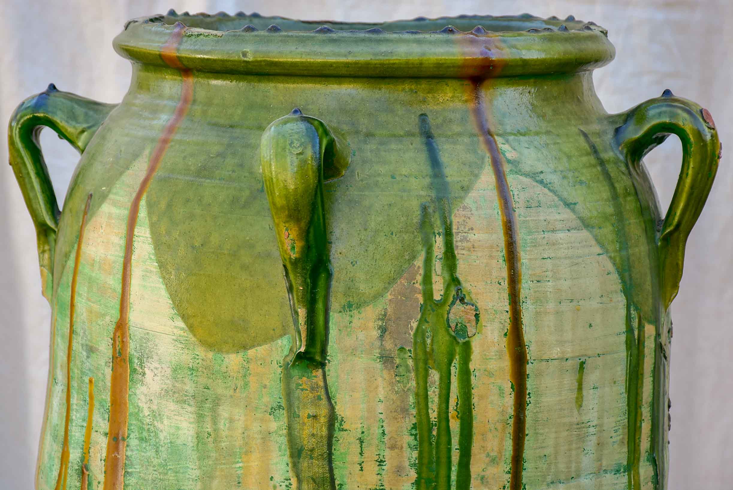 Large antique Spanish oil jar with green glaze 29 ¼''