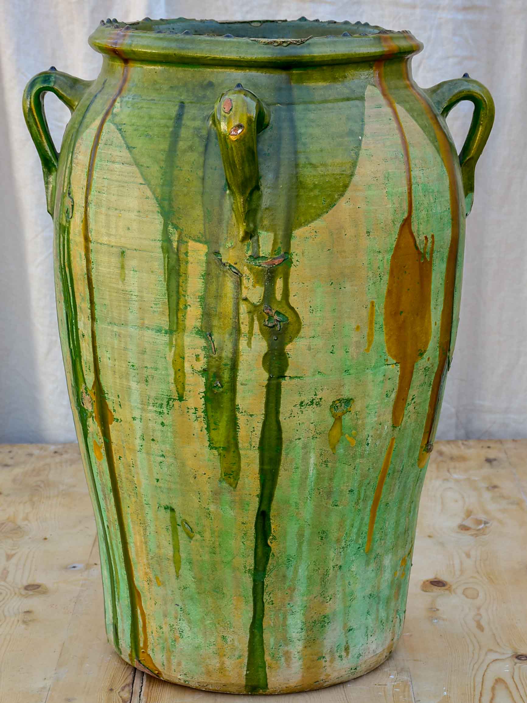 Large antique Spanish oil jar with green glaze 29 ¼''