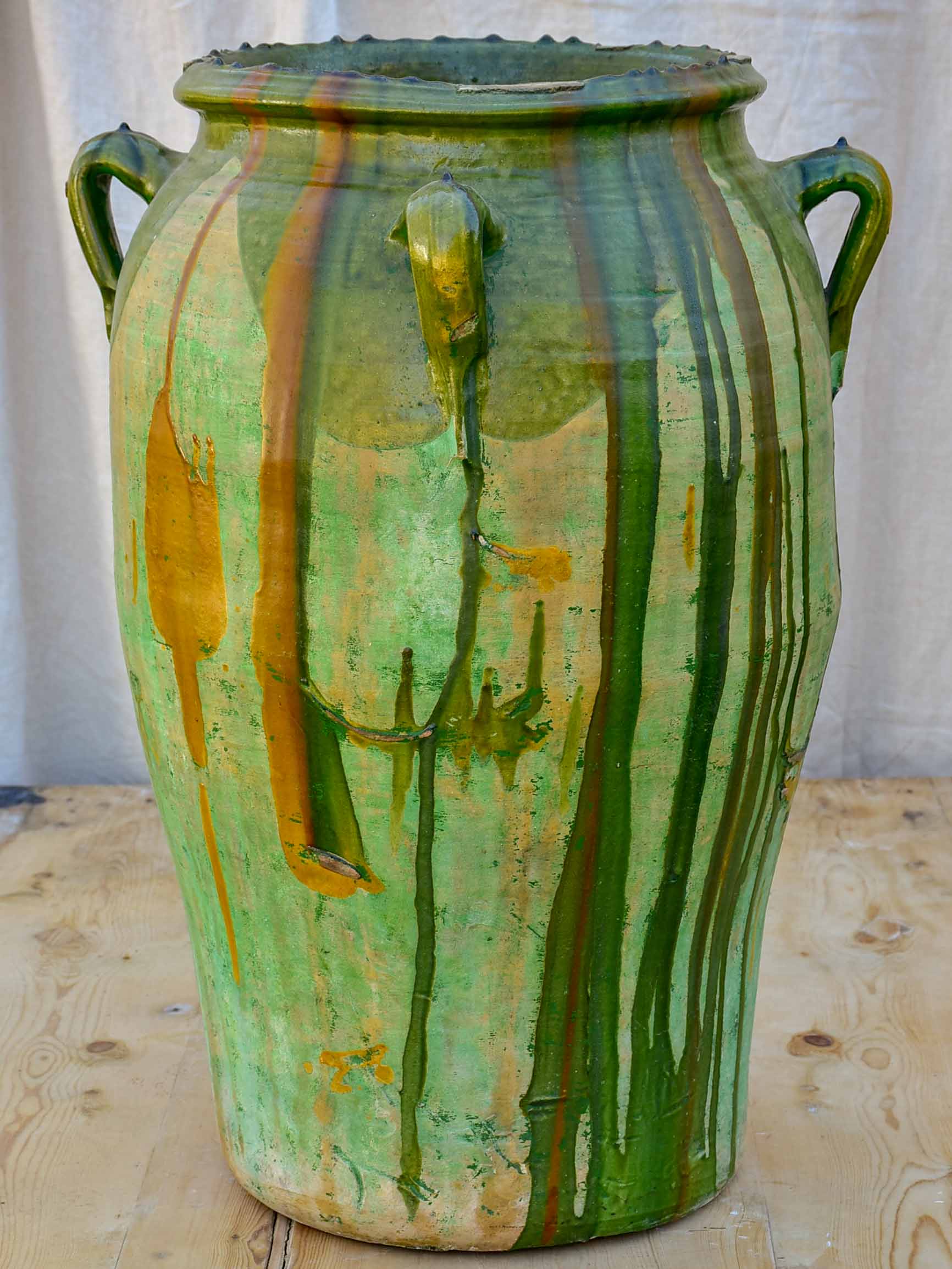 Large antique Spanish oil jar with green glaze 29 ¼''