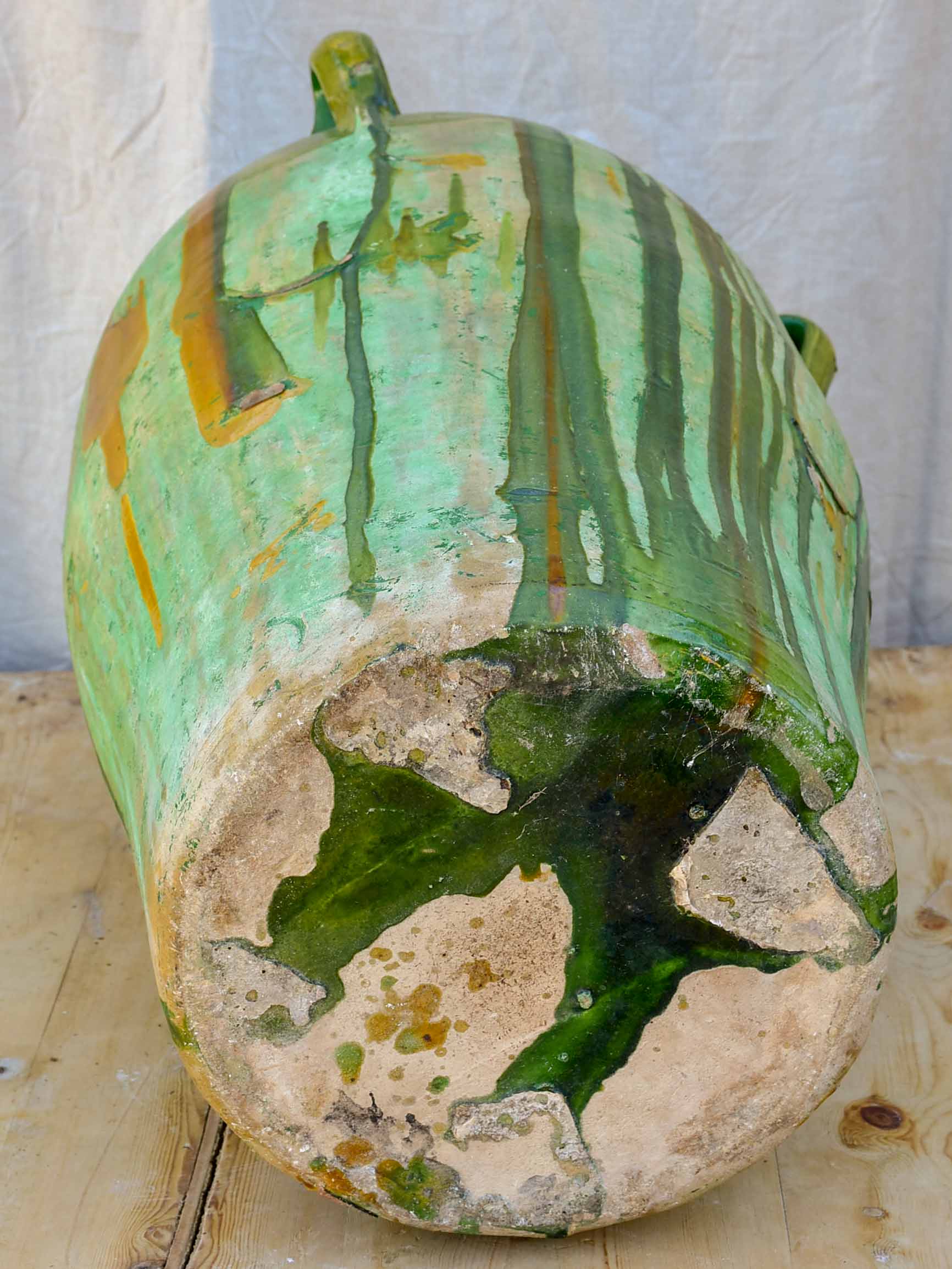 Large antique Spanish oil jar with green glaze 29 ¼''