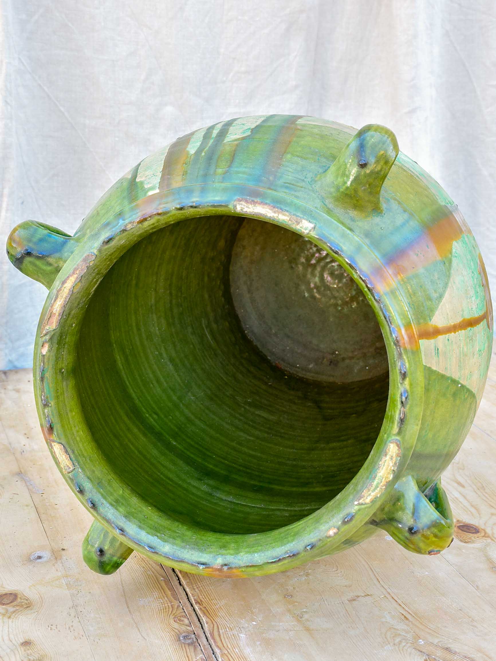 Large antique Spanish oil jar with green glaze 29 ¼''