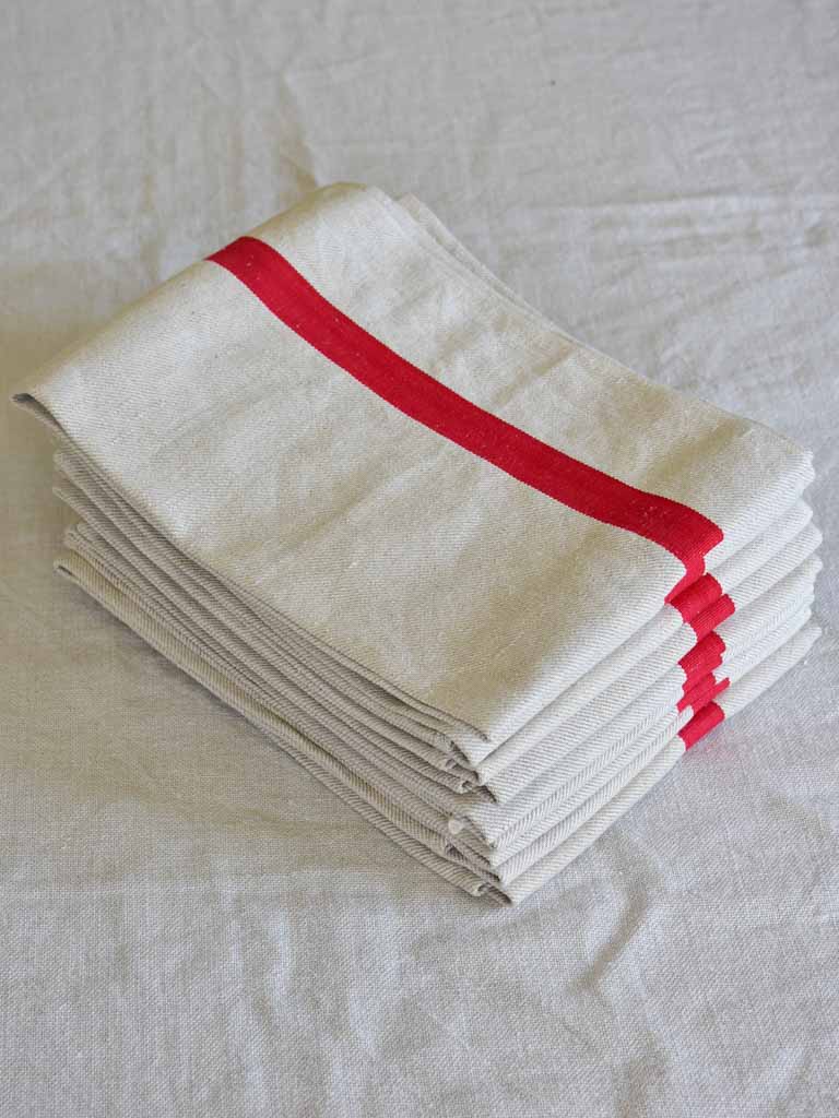 Set of nine antique French tea towels with 1" red stripes