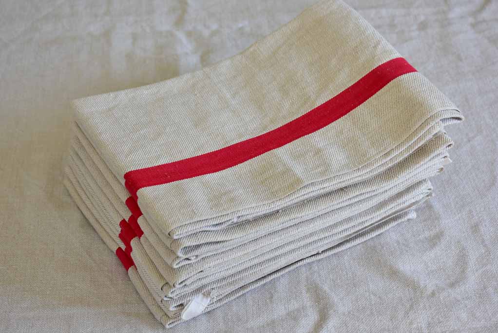 Set of nine antique French tea towels with 1" red stripes