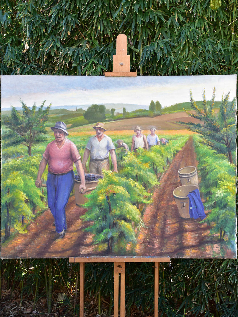Large French painting of the grape harvest c.1940