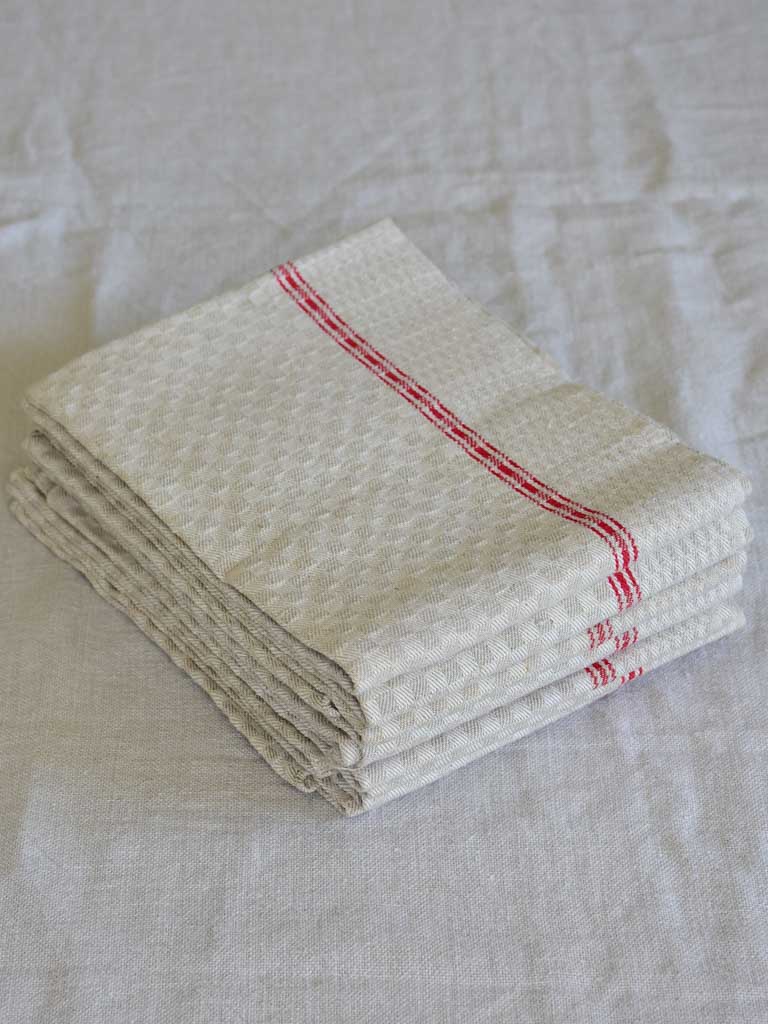Set of eight antique French teatowels - checkered with red stripes