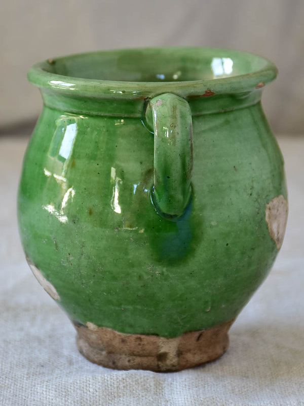 Miniature antique French confit pot with green glaze 4"