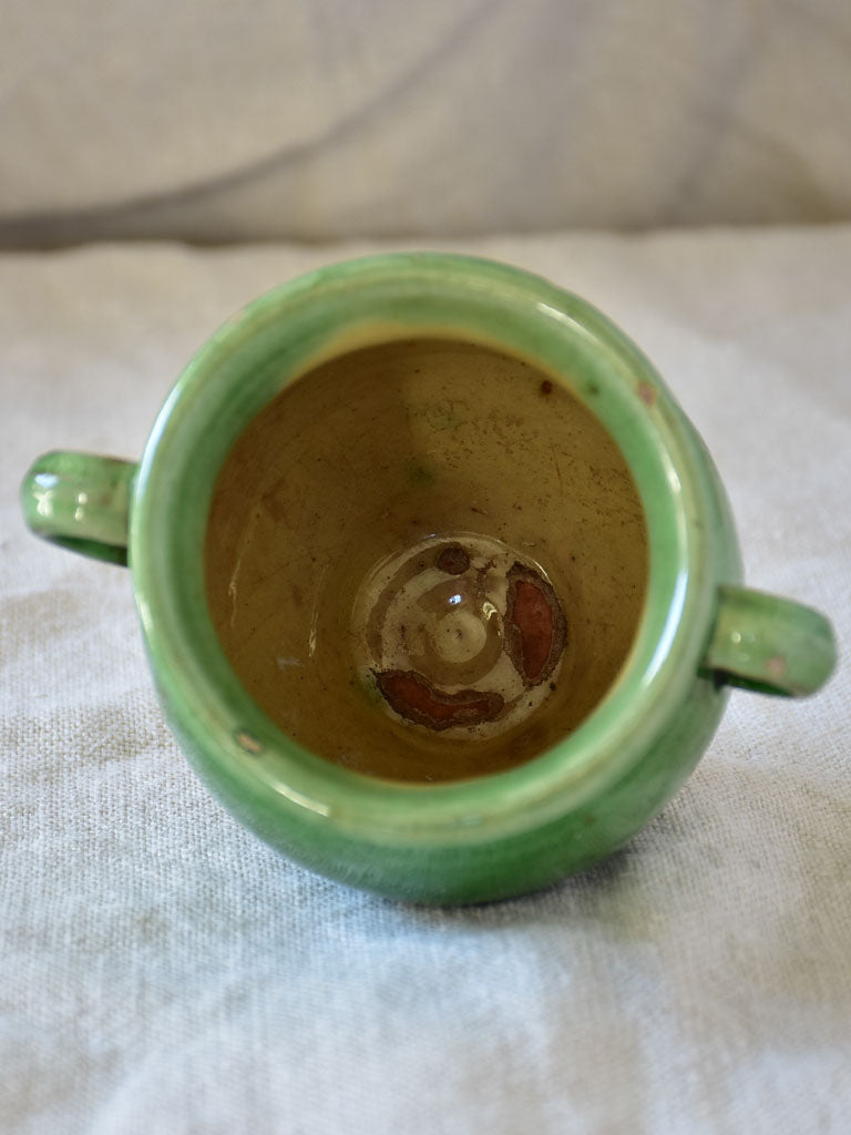 Miniature antique French confit pot with green glaze 4"