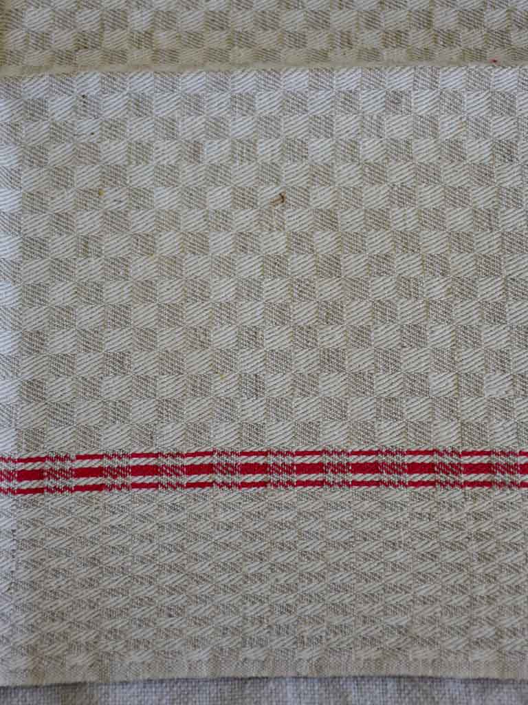 Set of eight antique French teatowels - checkered with red stripes
