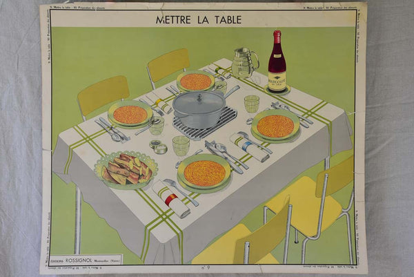 1950's French poster - how to set a dining table and other culinary preparations 35½" x 29½"