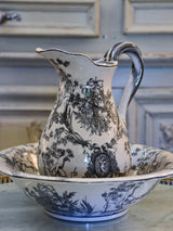 Antique French ironstone pitcher and bowl - black and grey