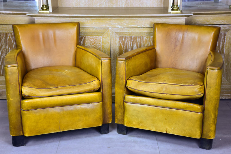 Pair of vintage French leather club chairs