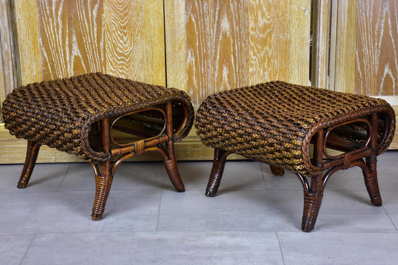 Pair of vintage rattan and cane footstools