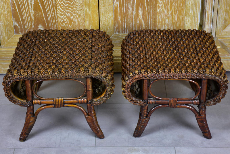 Pair of vintage rattan and cane footstools