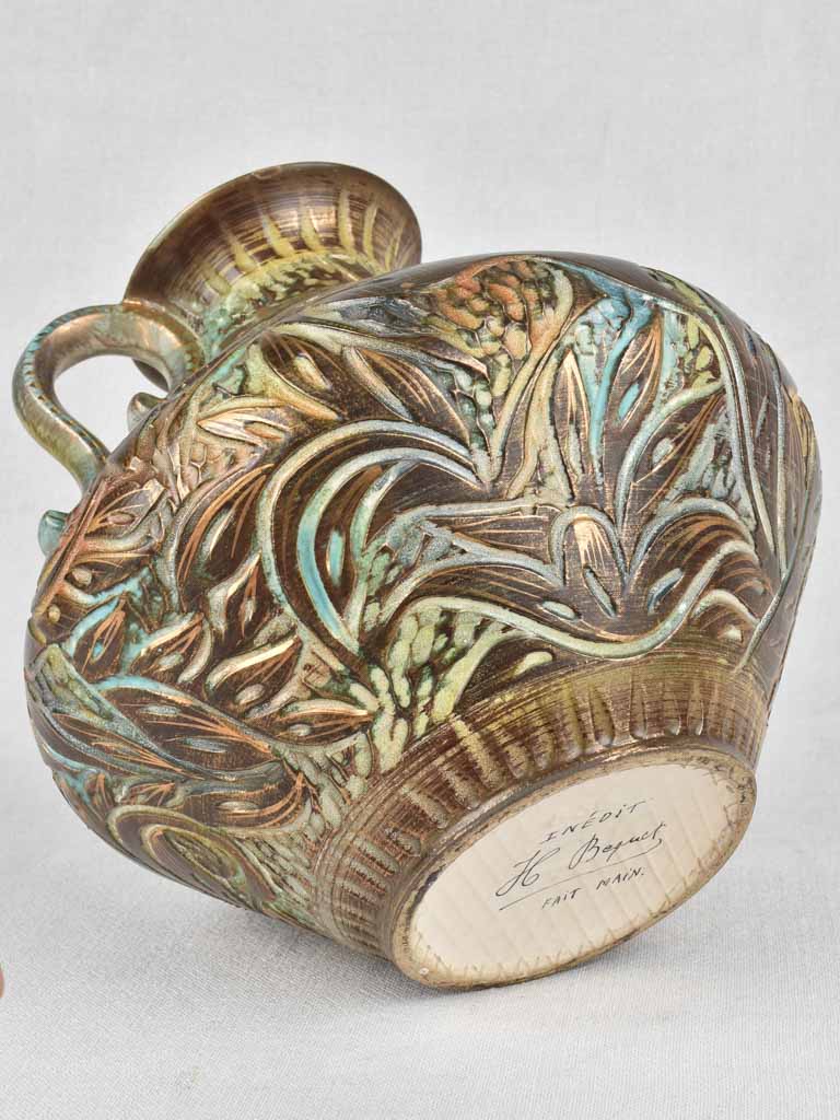 Bequet-signed antique ceramic flower pitcher