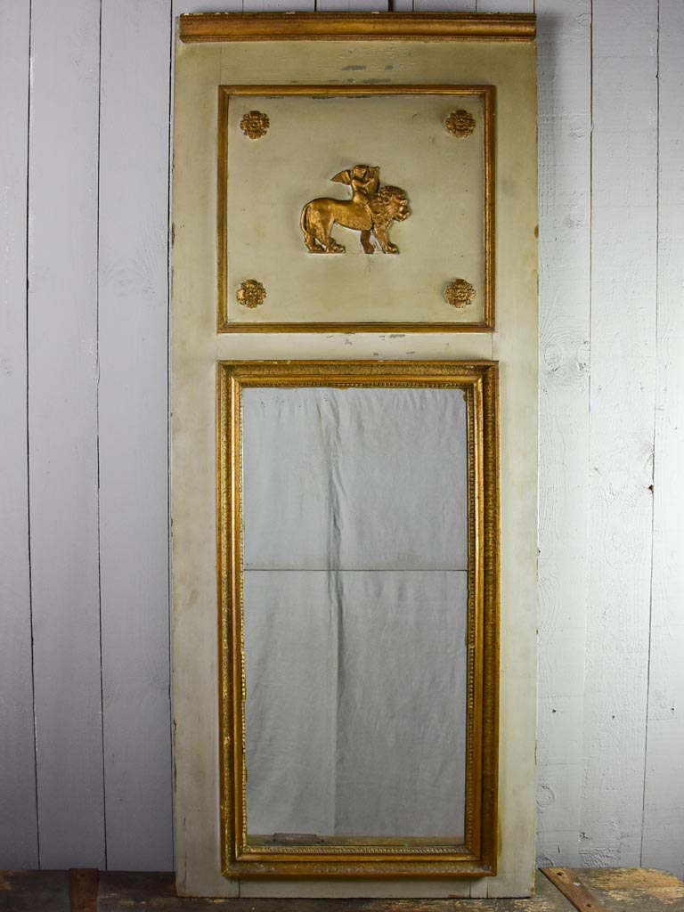 Large antique French trumeau mirror - sage 27½" x 69¼"