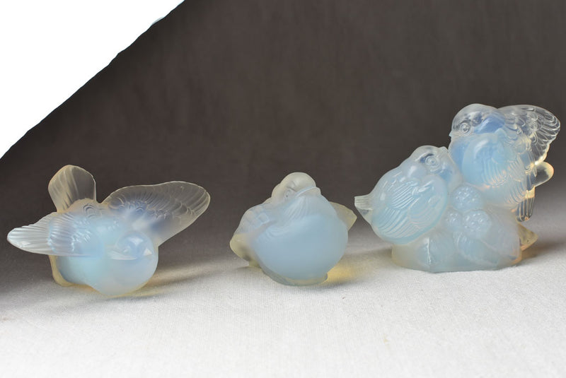 3 antique Sabino cast glass sparrows - blue / peach