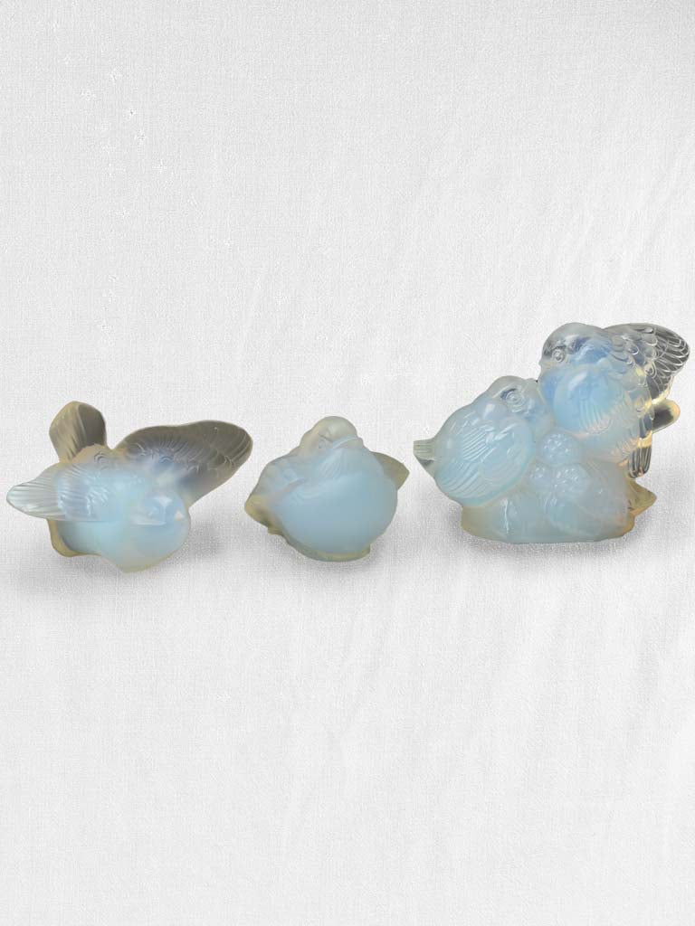 3 antique Sabino cast glass sparrows - blue / peach