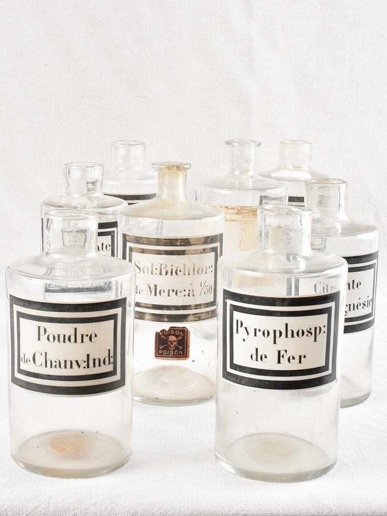 Collection of 8 antique French apothecary glass jars 9"