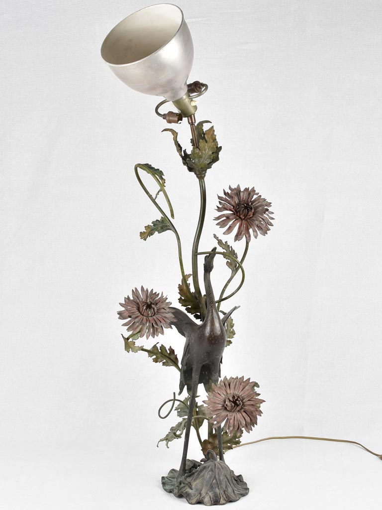 Vintage japanese floor lamp - bronze heron with flowers 44"