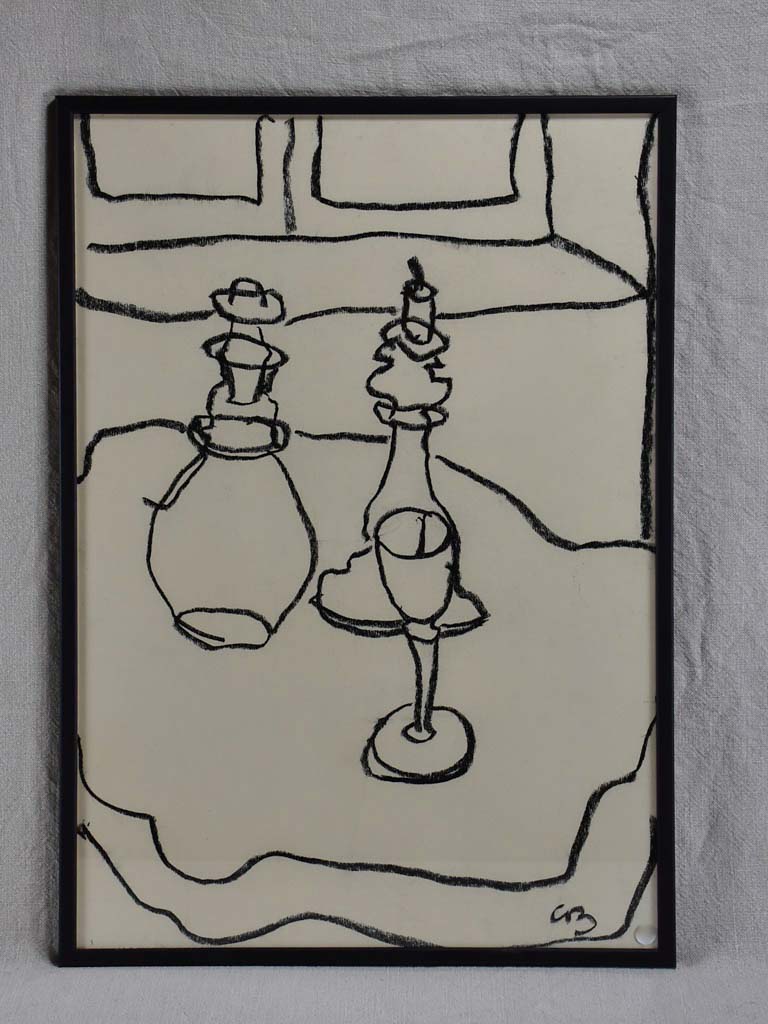 1/4 Still life with carafe, candlestick and wine glass - charcoal on paper - Caroline Beauzon 18½ x 26""