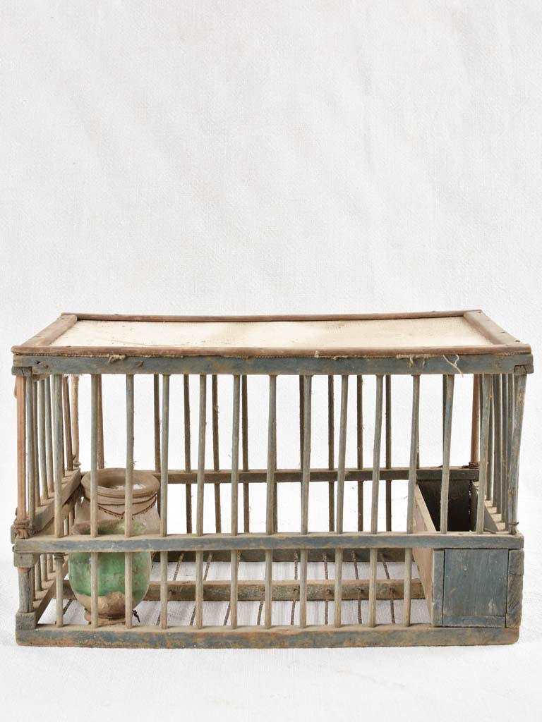 Antique French wooden birdcage with white fabric top 7½"
