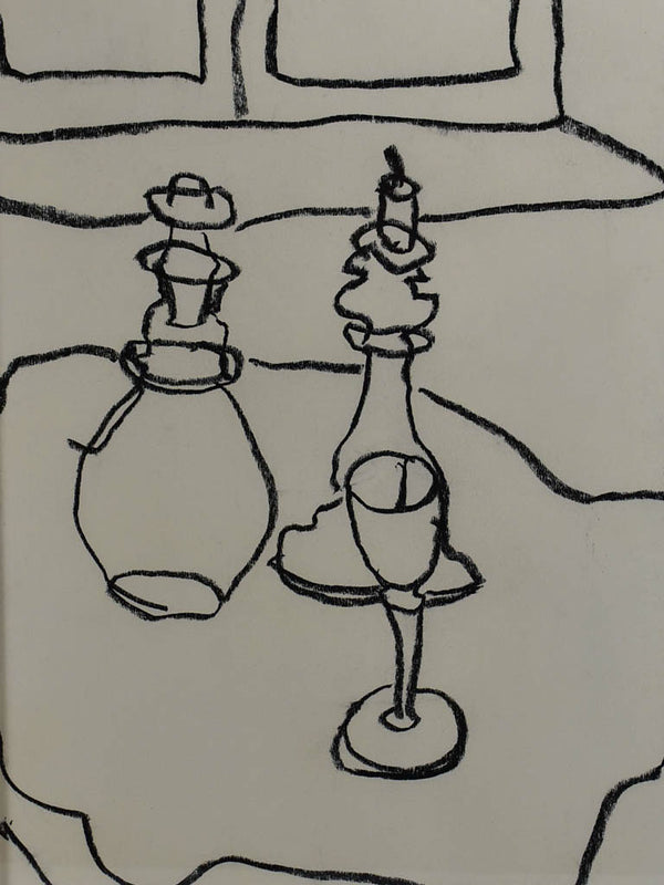 1/4 Still life with carafe, candlestick and wine glass - charcoal on paper - Caroline Beauzon 18½ x 26""