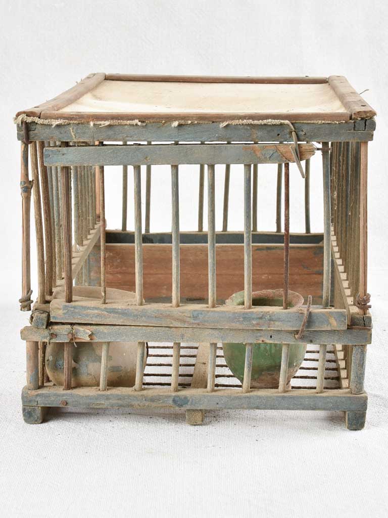 Antique French wooden birdcage with white fabric top 7½"