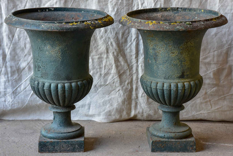 Pair of large antique French Medici garden urns with green patina