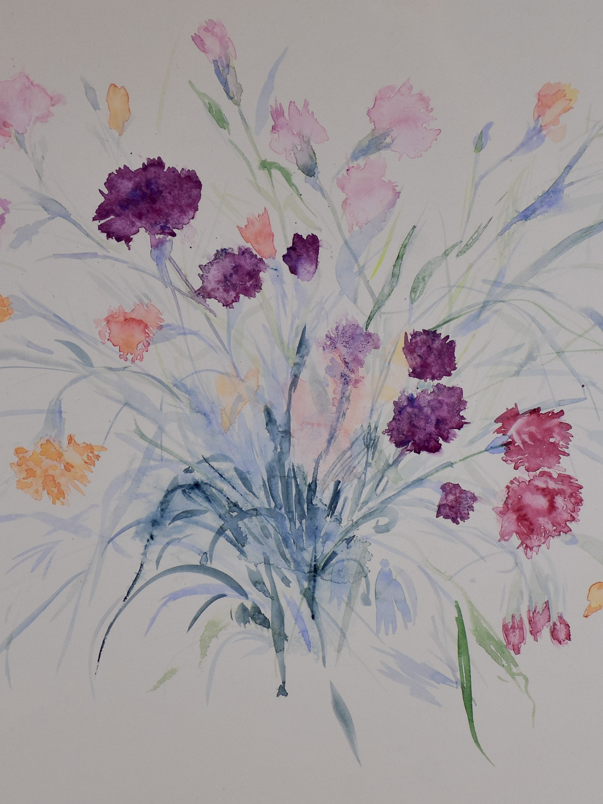 Vintage French watercolour painting - Carnations 28” x 23 ¼''