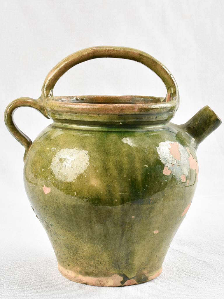 Antique olive green water cruche orjol from south west France