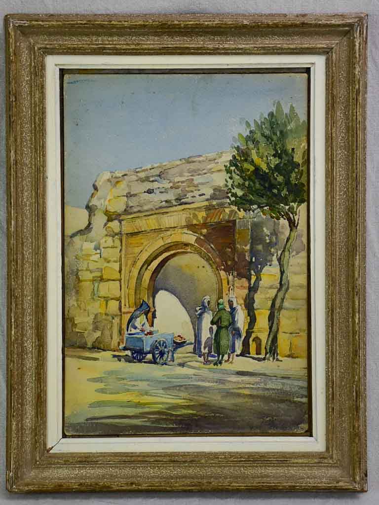 Early 20th Century watercolor - Street vendor and an arch stone wall 22" x 17"