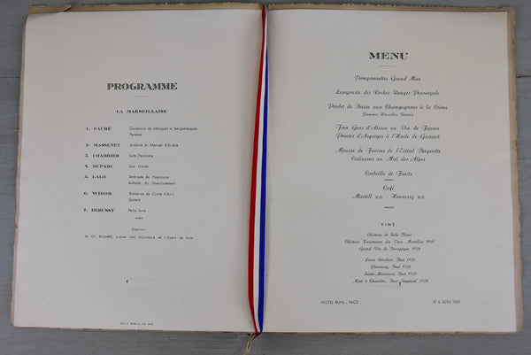 President's lunch menu, Nice 1937