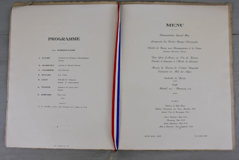 President's lunch menu, Nice 1937