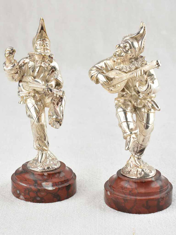 19th century Italian bronze jesters - silver plated bronze & marble